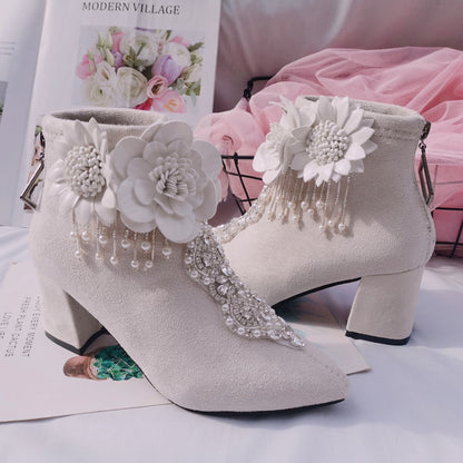 Handmade Women's Shoes Fleece Pointed Toe Women's Rhinestone Boots