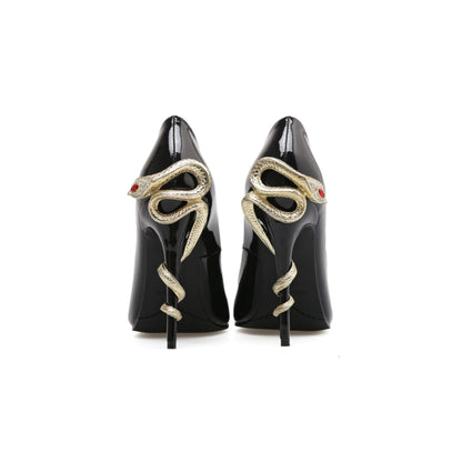 Elegant pointed-toe high heels with stiletto design, solid color patent leather finish, and rhinestone details for women