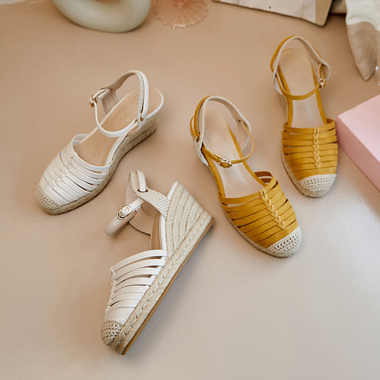 Platform Straw Woven Wedge Cream White Toe Cap Sandals Flat High Heels