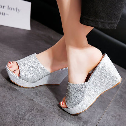 Summer New Sequined Slippers Wedge Sandals