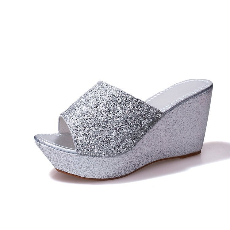 Summer New Sequined Slippers Wedge Sandals