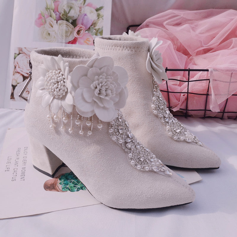 Handmade Women's Shoes Fleece Pointed Toe Women's Rhinestone Boots