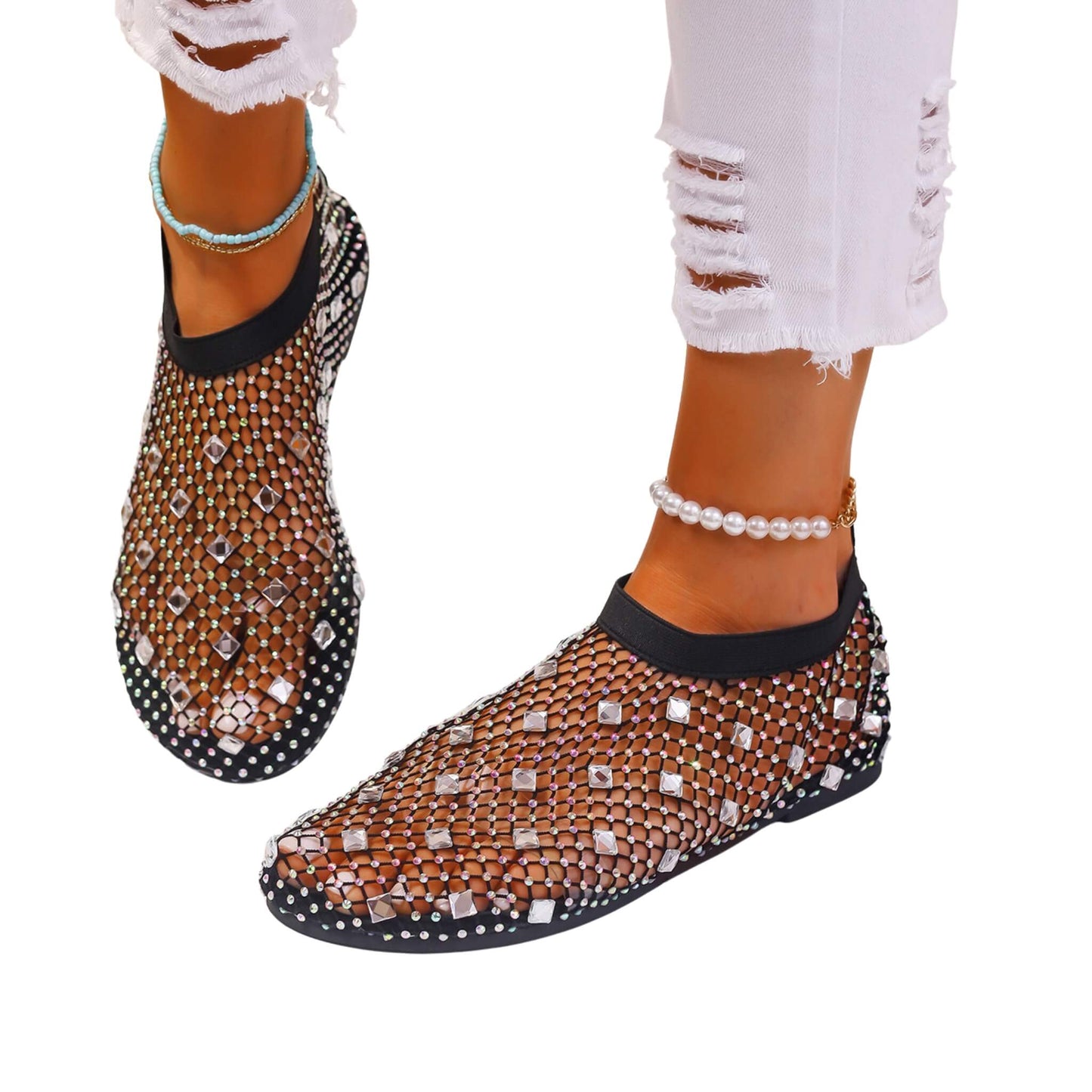 Rhinestone Mesh Sandals with breathable mesh upper, rubber sole, round toe, and stylish heel. Comfortable and breathable summer footwear