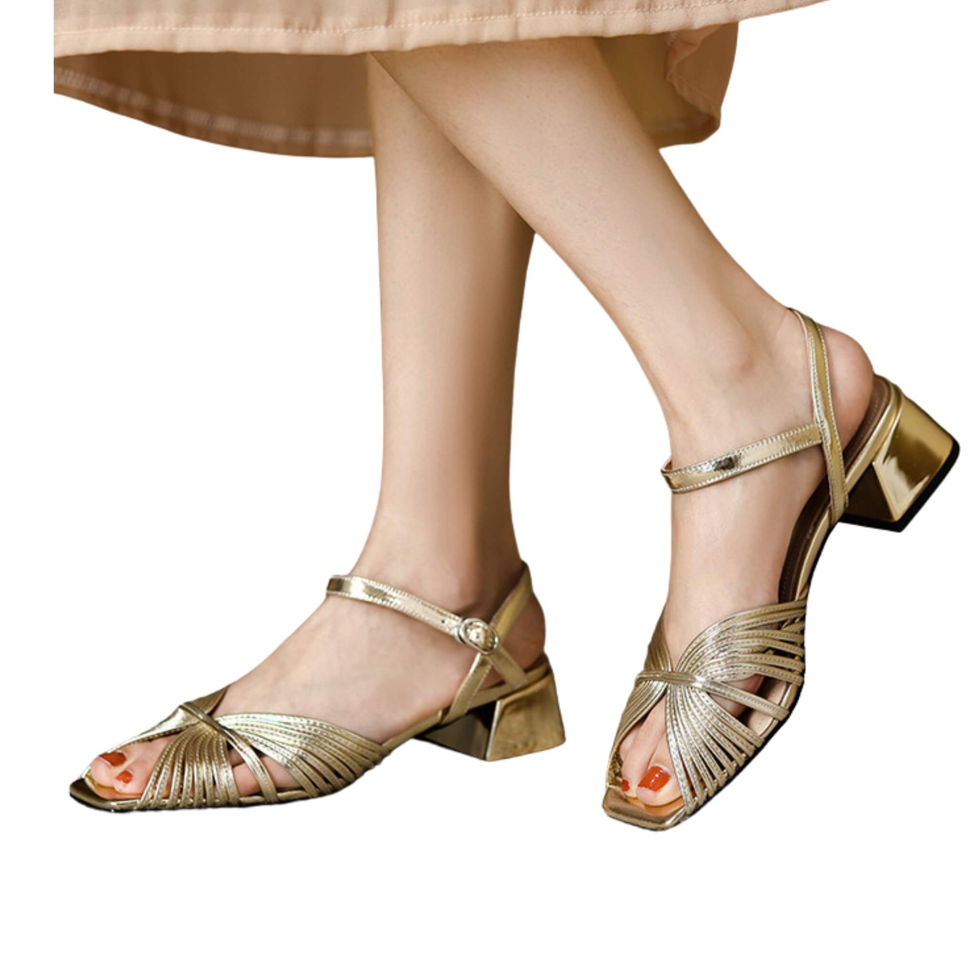 Women's retro square toe sandals with buckle straps, 4.5 cm mid heel, and patent leather upper. Available in gold and silver