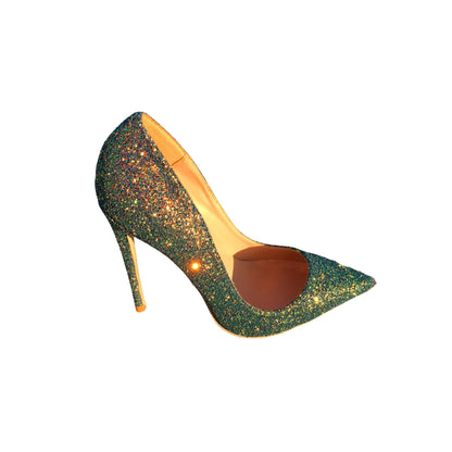 Women’s Green Sequined Stiletto Heels, Pointed Toe, High Heel (12cm), Rubber Sole, Perfect for Banquets & Casual Occasions. Sizes 34-44