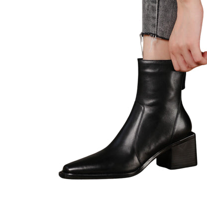 Women's Leather Chunky Heel Square Toe Ankle Boots