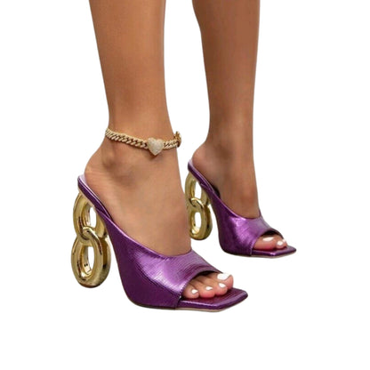 Women’s peep toe sandals with a fish beak design, superfiber upper, rubber sole, in black, gold, and purple. Sizes 35-41