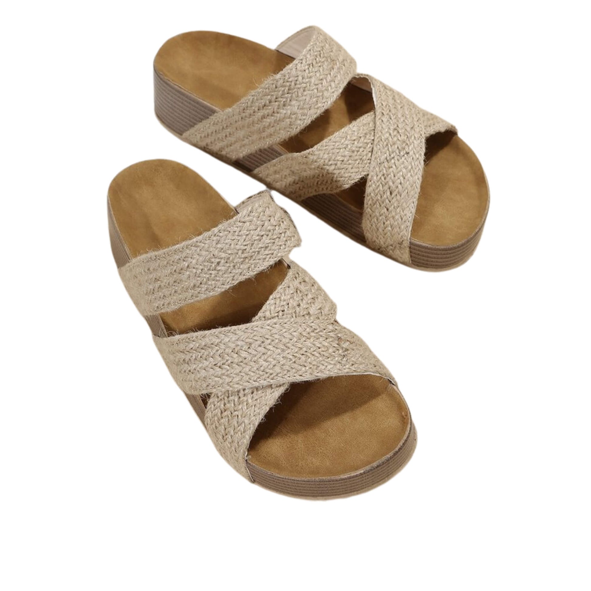 Woven Cross-Strap Platform Sandals in black, brown, beige, and more. PU upper, rubber sole, round toe, stylish for casual and dressy wear. Comfortable & durable