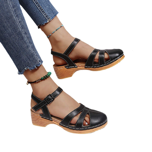 Women's casual sandals with car suture details, artificial PU upper, and imitation leather lining in black, brown, and army green