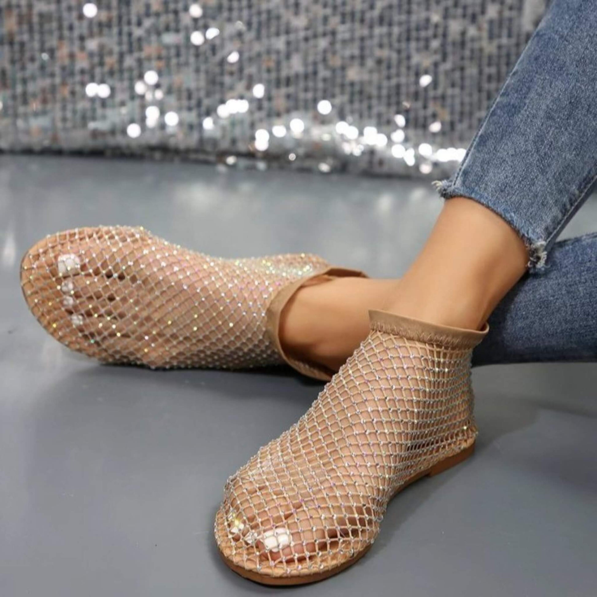 Rhinestone Hollow Flat Sandals with a round toe, mesh upper, rubber sole, and high-top heel. Stylish and comfortable footwear for summer