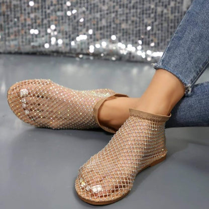 Rhinestone Hollow Flat Sandals with a round toe, mesh upper, rubber sole, and high-top heel. Stylish and comfortable footwear for summer