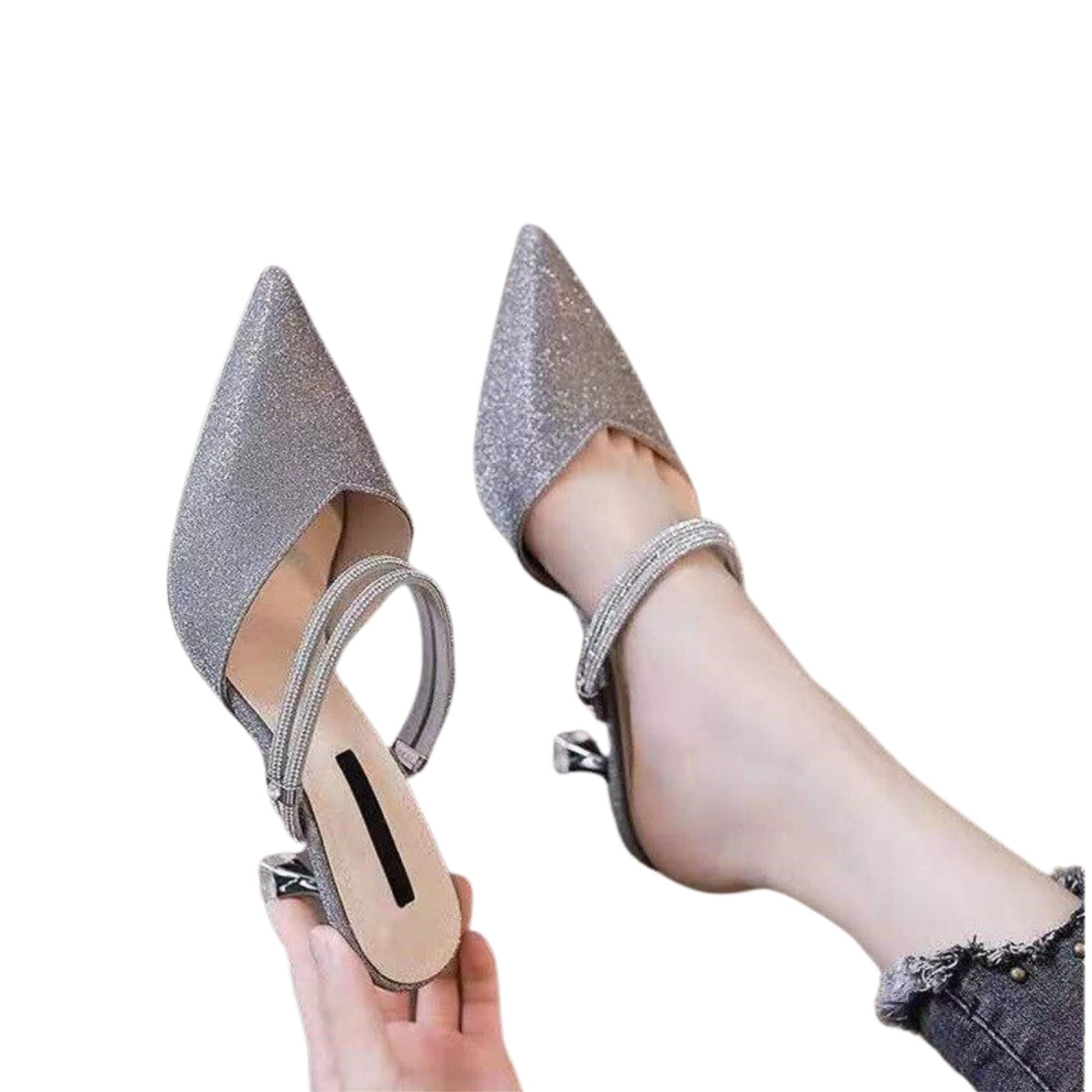 Women's stiletto heel sandals with fine heel, PU upper, available in pink, black, and gun color. High heel (5-8 cm) for a stylish and comfortable look