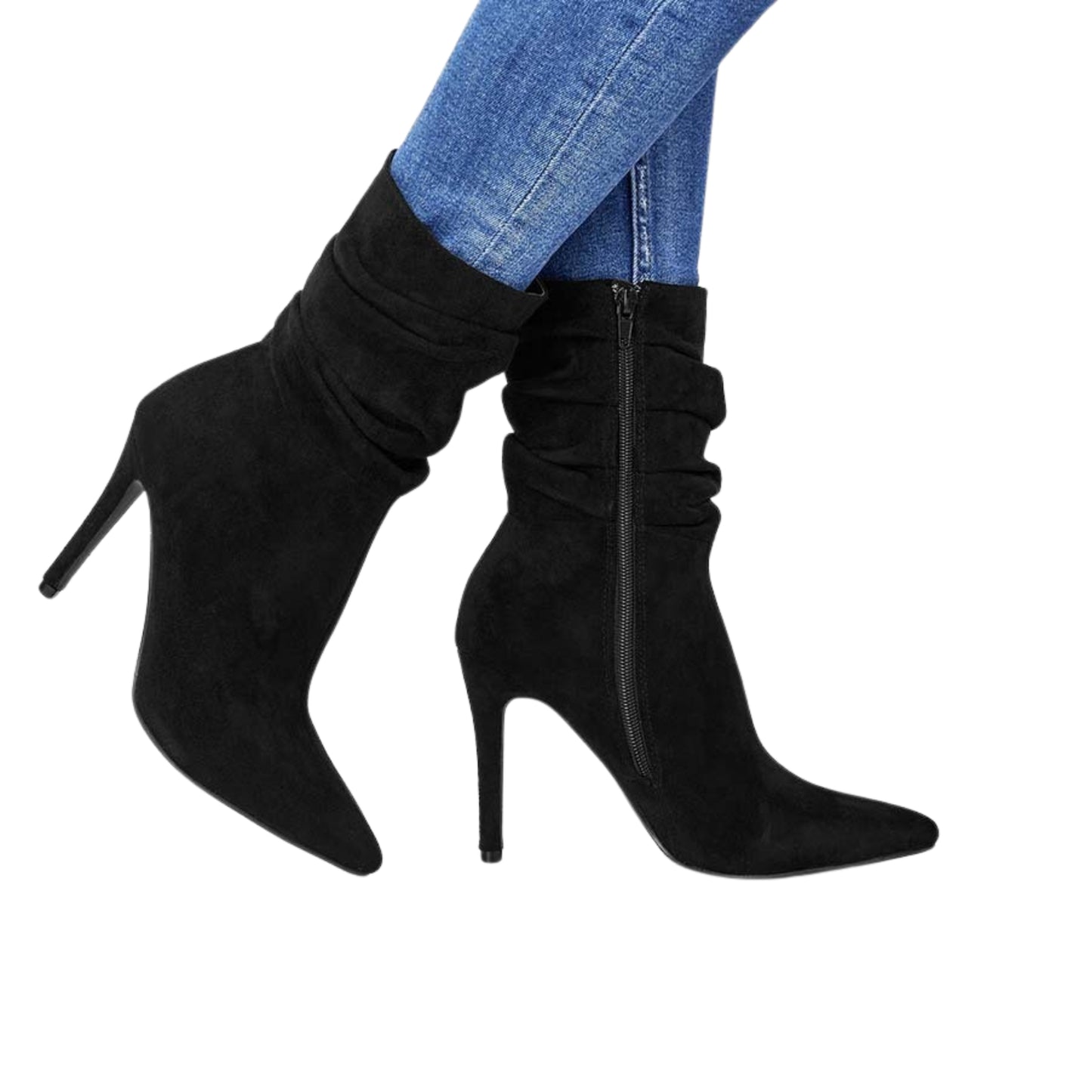 Pointed-toe stiletto heel ankle boots for women, medium-tube suede design, side zipper closure, available in black, apricot, and brown