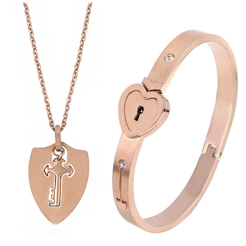 Titanium Steel Love Lock Bracelet & Necklace Set