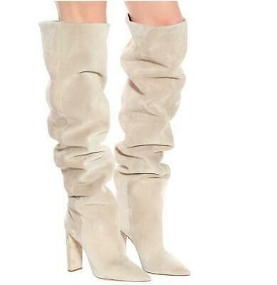 Pointed chunky heel pleated knee high boots