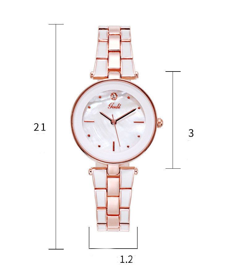 Korean style white quartz watch, elegant timepiece featuring a minimalist design with a white dial and sleek strap for a chic look