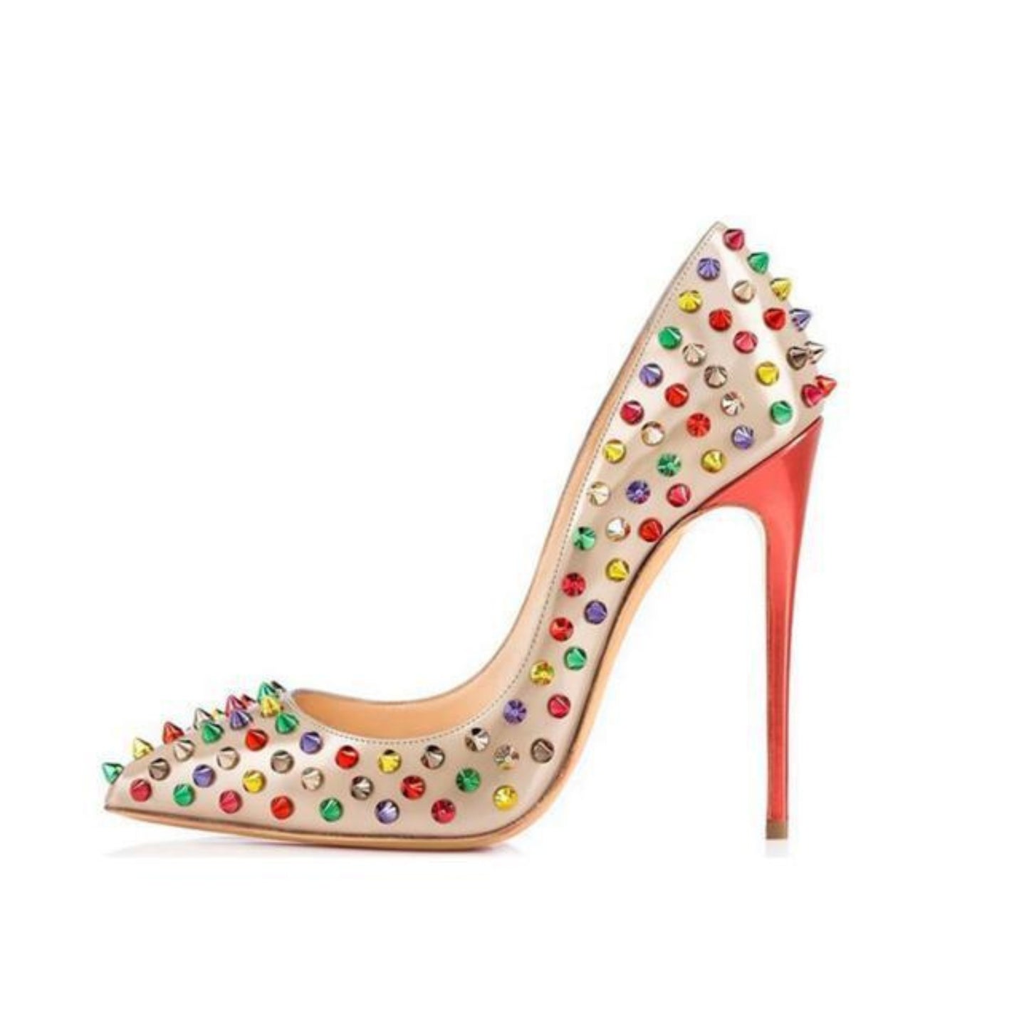 Pointed color stud high heels with super high thin heel, rubber sole, and color-matching design. Ideal for banquets, made of artificial PU and imitation leather