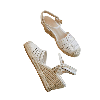 Platform Straw Woven Wedge Sandals in white/yellow with super high heels. Sheepskin upper, beef tendon sole. Sizes 34-39 for summer elegance