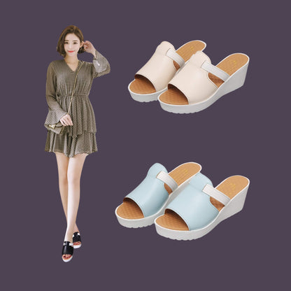 Open toe wedge heel slippers for women, PU upper, composite sole, 3-5cm heel. Lightweight, durable, and perfect for summer wear