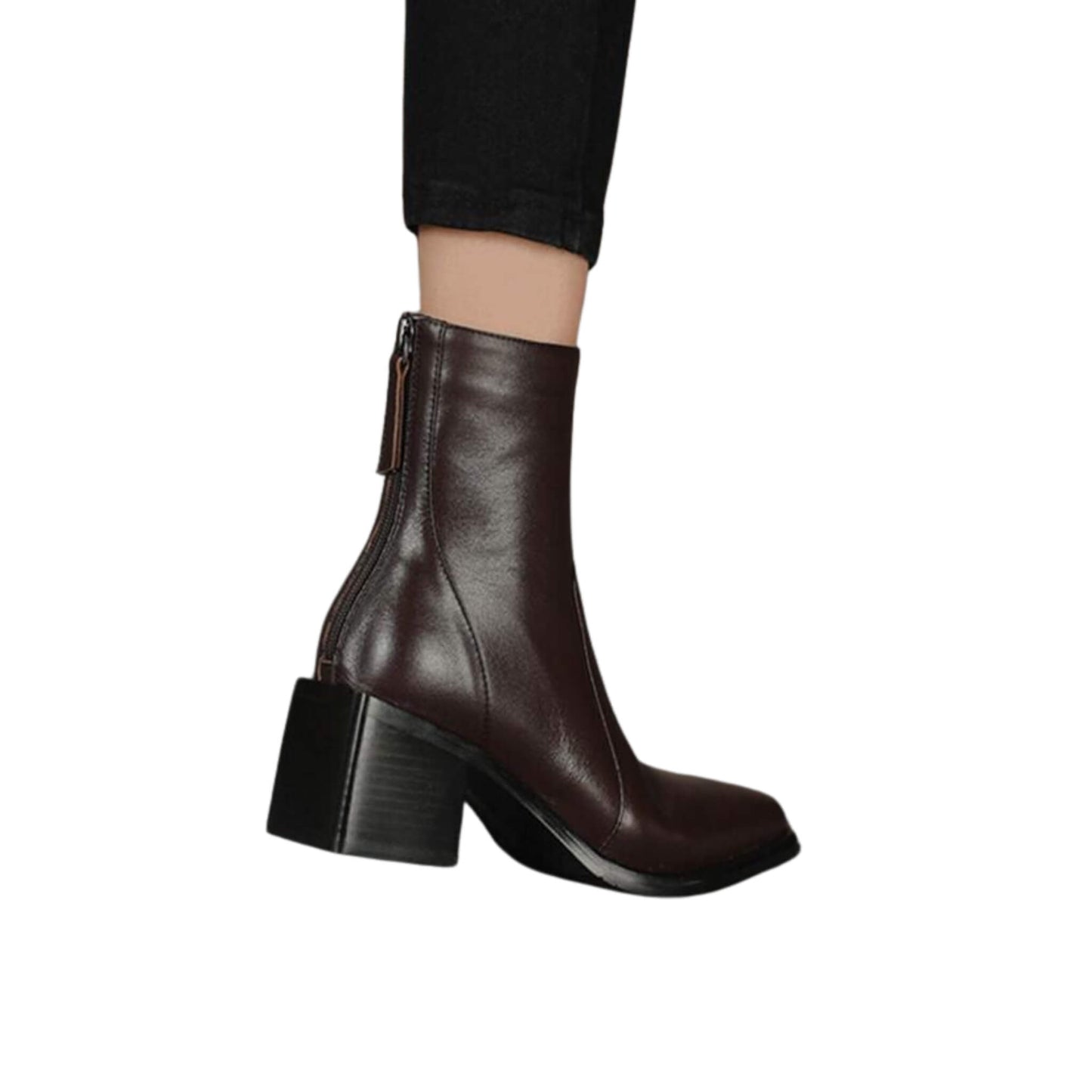 Women's Leather Chunky Heel Square Toe Ankle Boots