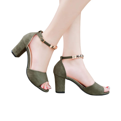 Women's Thick Heel Sandals - Suede Buckle Open Toe, Non-slip