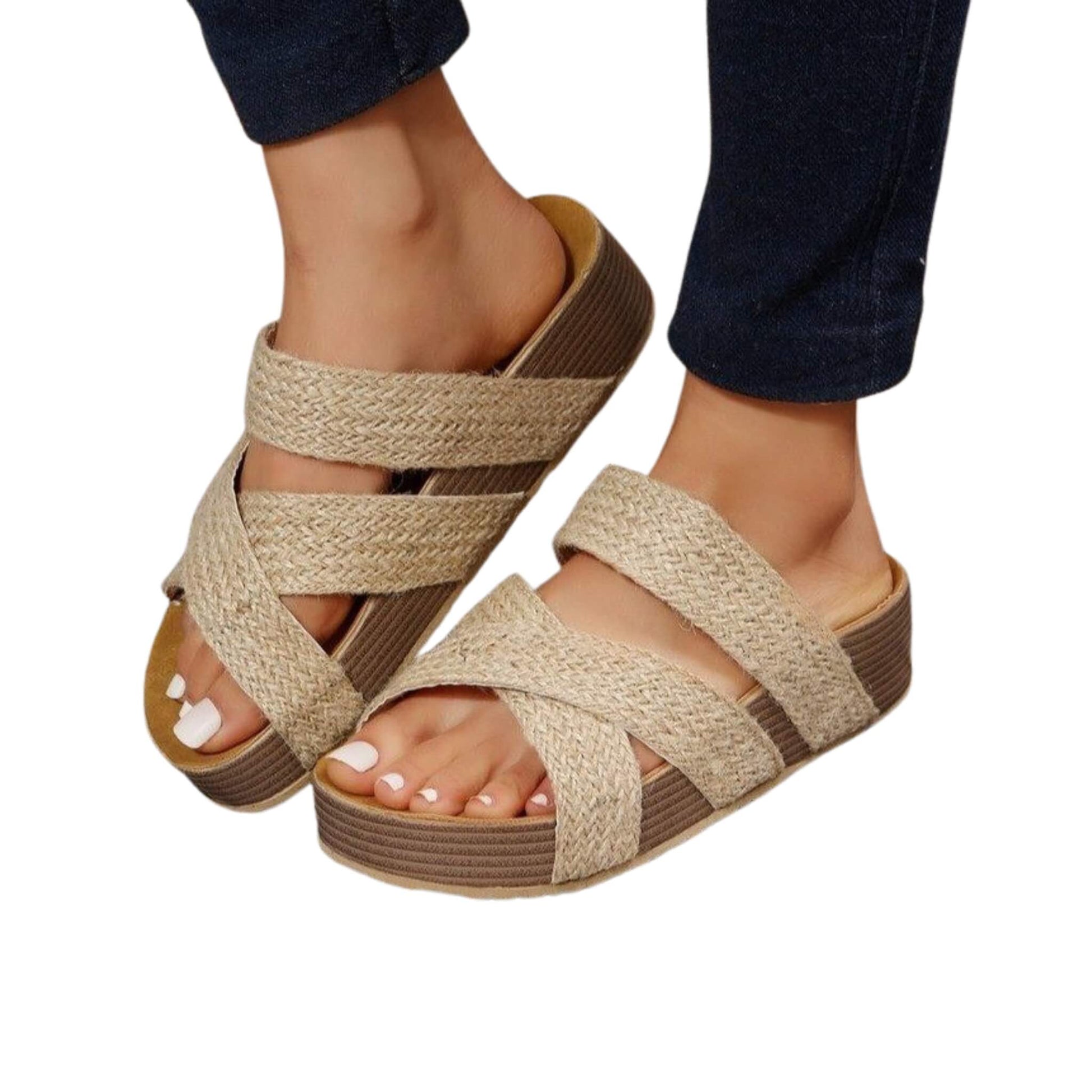 Woven Cross-Strap Platform Sandals in black, brown, beige, and more. PU upper, rubber sole, round toe, stylish for casual and dressy wear. Comfortable & durable