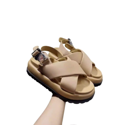 Retro Roman-style cross leather sandals for women. Mid-heel open-toe design, available in black and apricot. Sizes 35-40