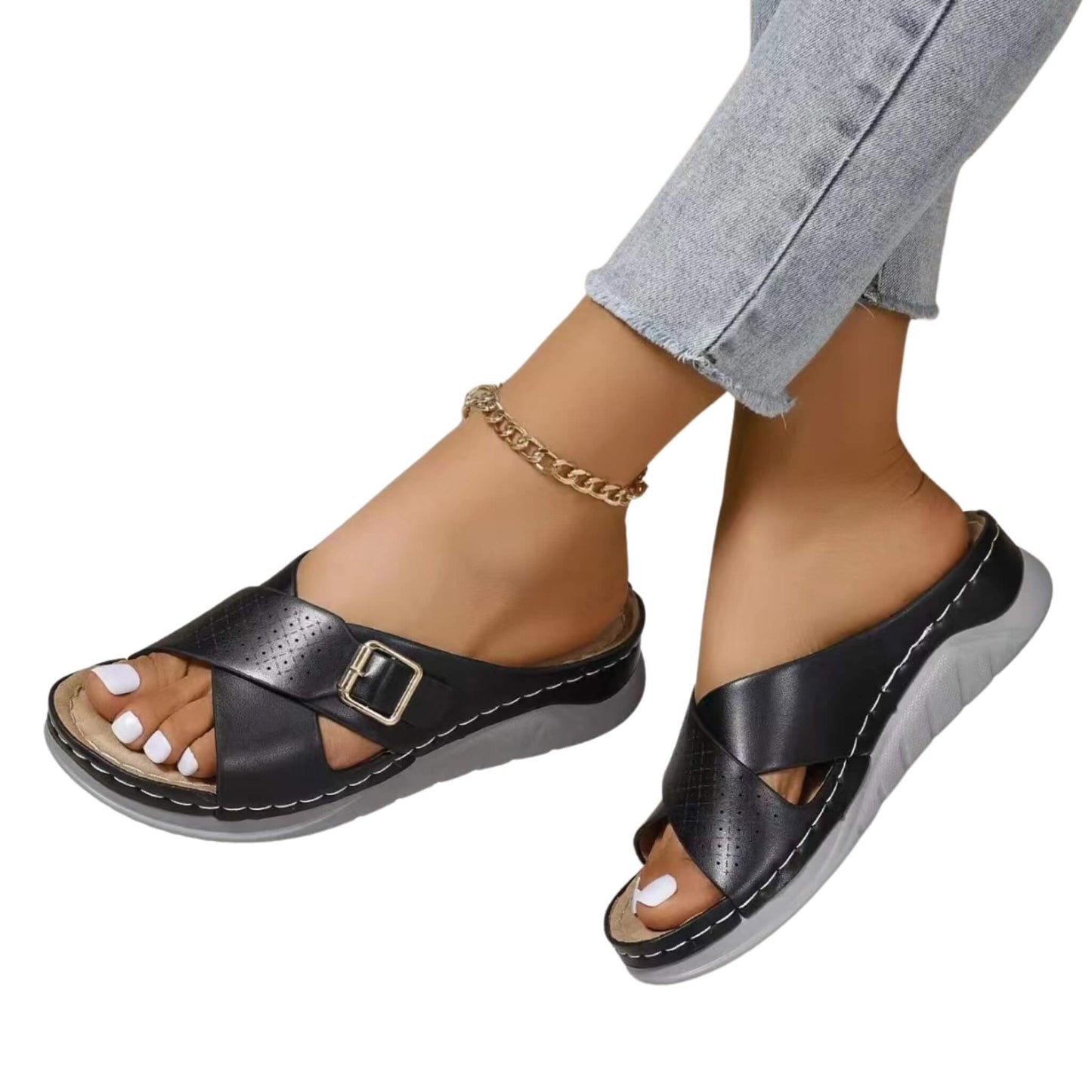 New Buckle Cross-Design Wedge Sandals for Women, Open "Fish Mouth" Toe, PU Upper, EVA Sole, Ideal for Beach, Casual, and Vacation Wear