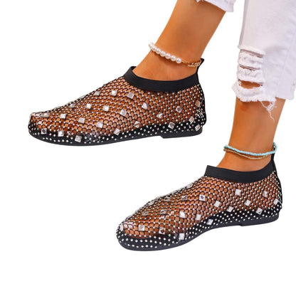 Rhinestone Mesh Sandals with breathable mesh upper, rubber sole, round toe, and stylish heel. Comfortable and breathable summer footwear