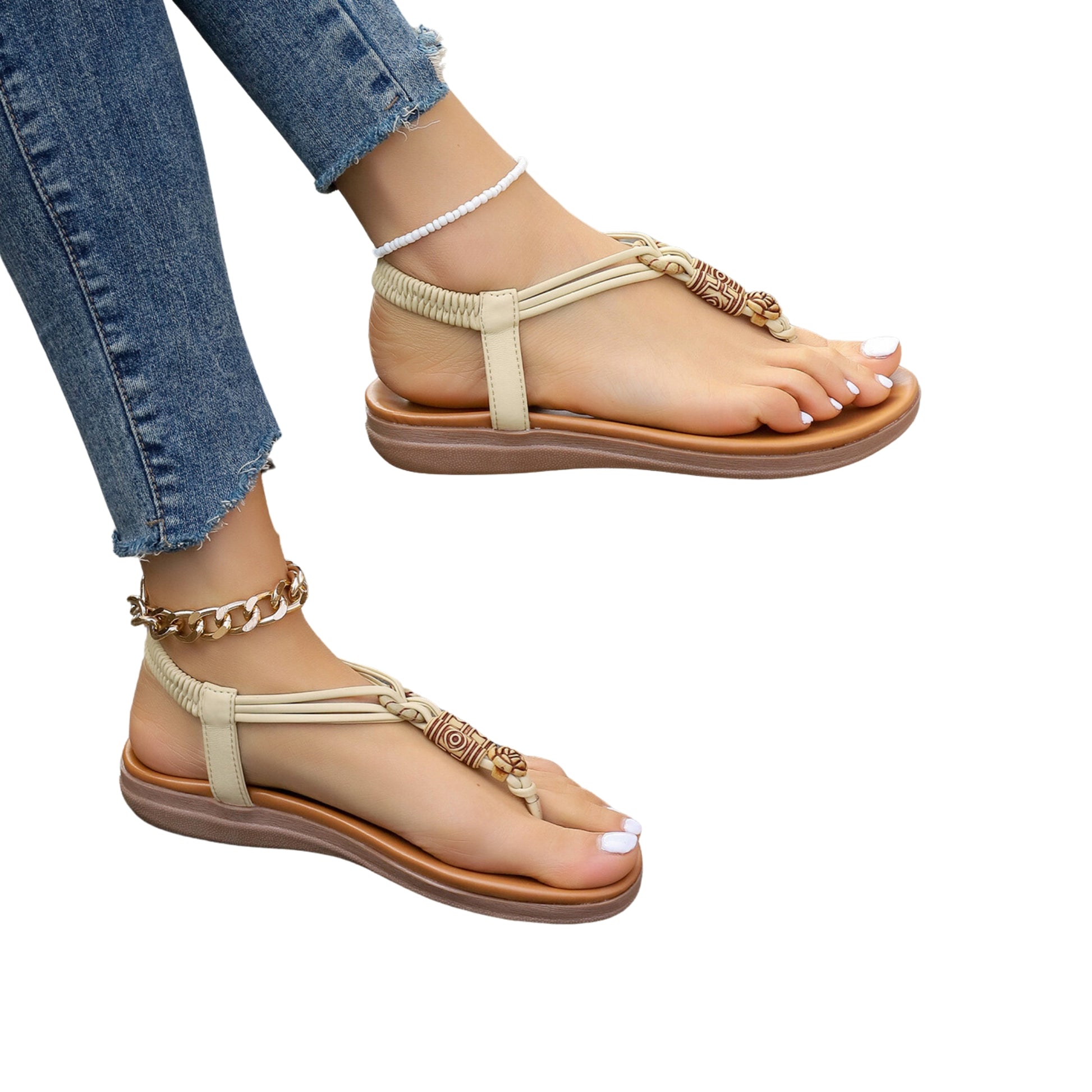 Women’s Roman thong sandals with PU upper, durable rubber sole, round toe, stylish hollow design, breathable side hollow, soft imitation leather lining