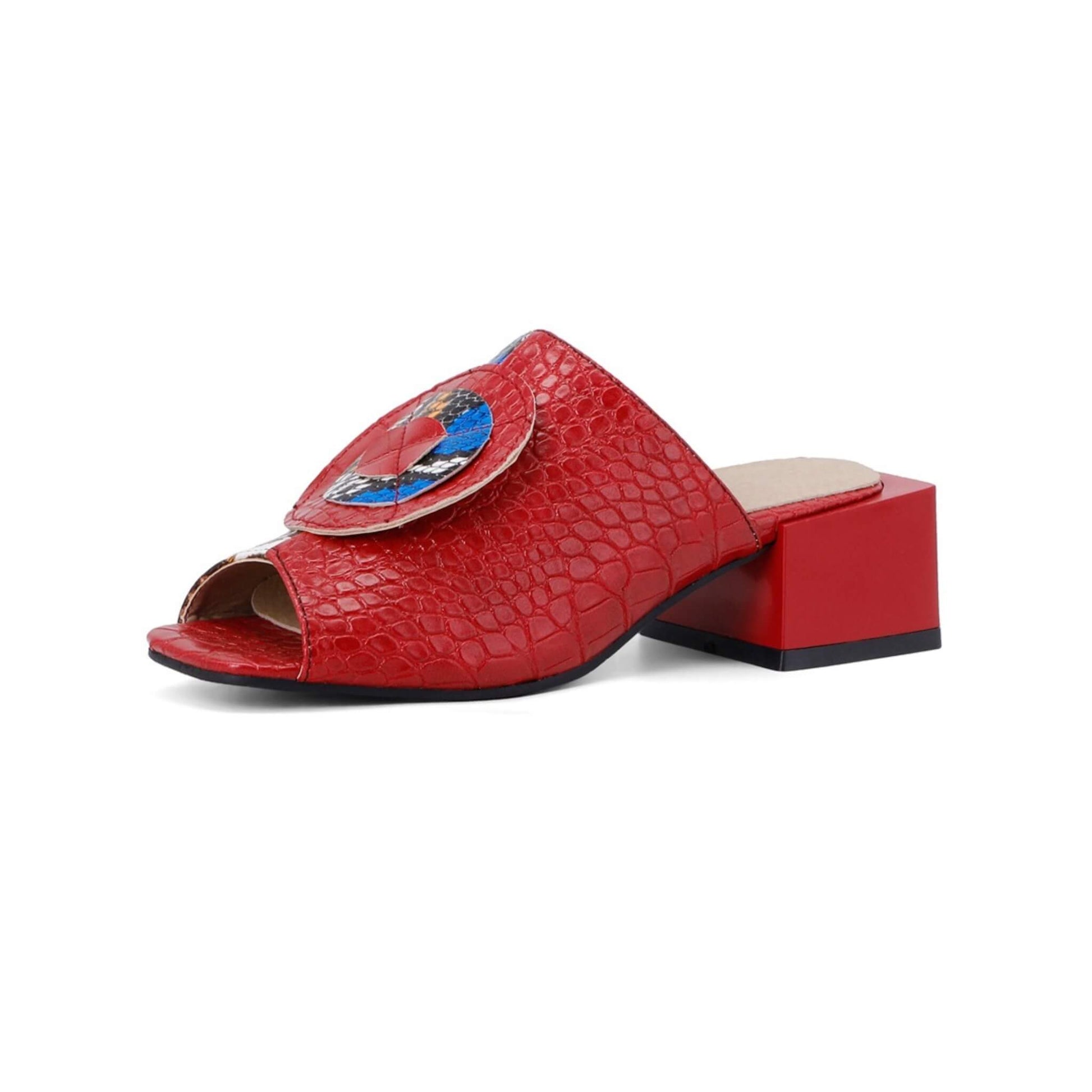 Women’s plus size fish mouth sandals in yellow, red, black, and blue. PU upper, rubber sole, 5 cm heel, available in sizes 32, 33, 40, 48 for spring and summer