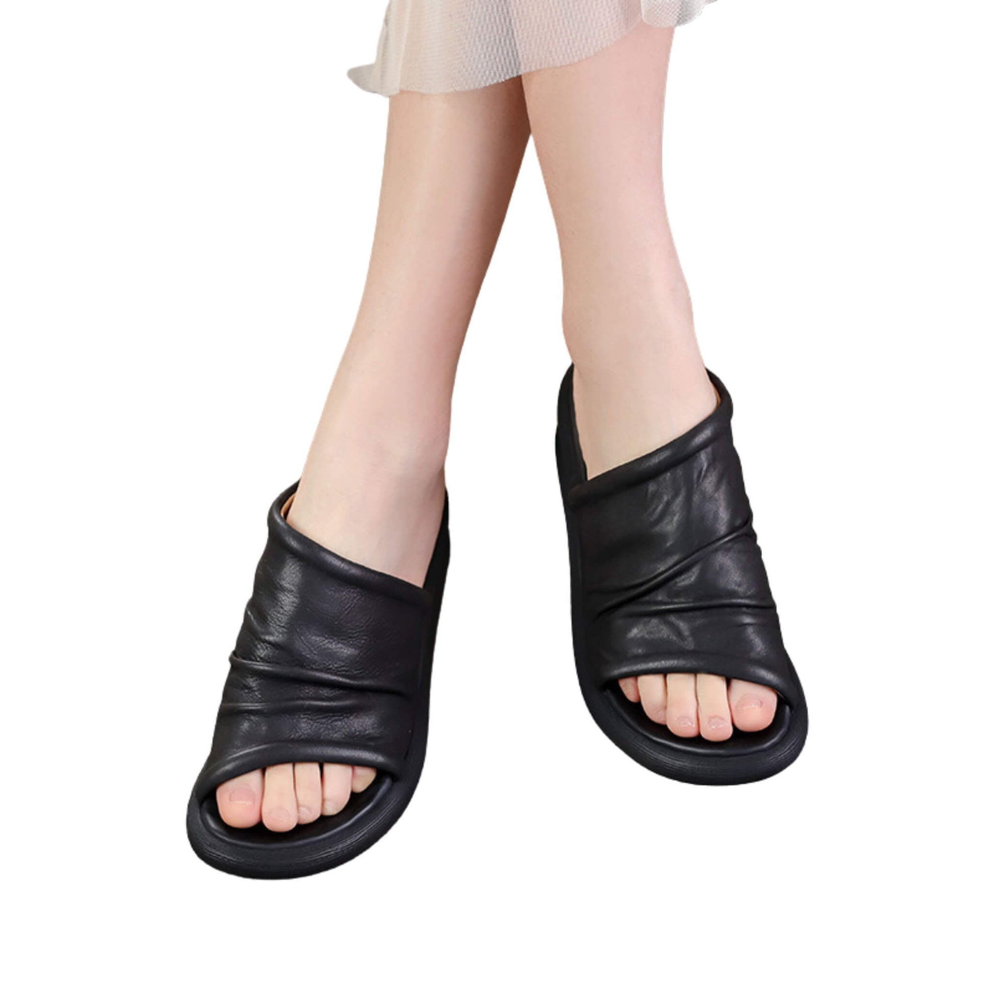 Summer Leather Slippers with cowhide upper, PU foam sole, round toe, and vintage design. Perfect wedge sandals for women’s outdoor wear