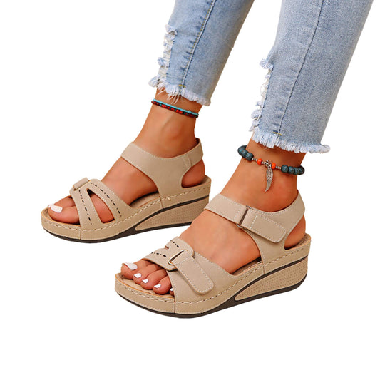 Women's Velcro platform wedge sandals with fish mouth toe. Summer casual shoes in red, black, brown, and off-white