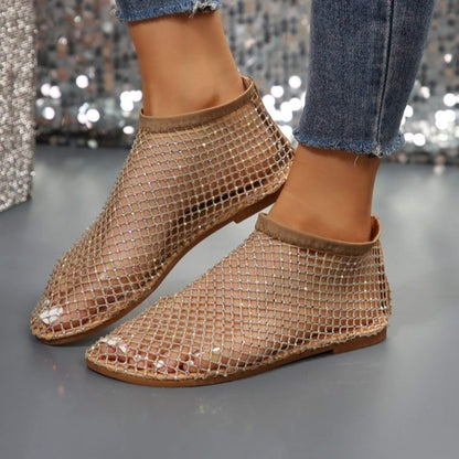 Rhinestone Hollow Flat Sandals with a round toe, mesh upper, rubber sole, and high-top heel. Stylish and comfortable footwear for summer