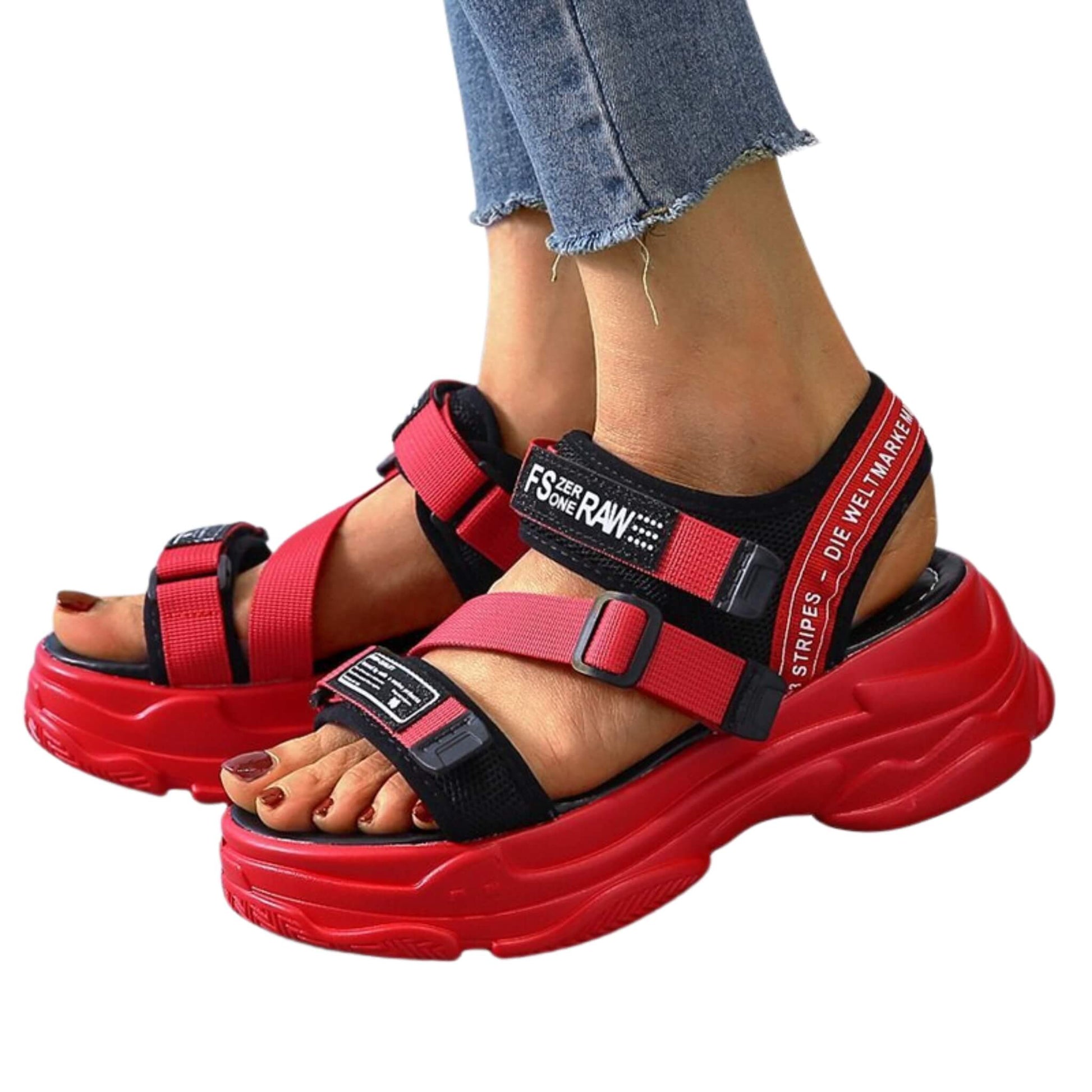 Women's Velcro sandals with round toe, flat sponge heel (6-8cm), rubber sole, lightweight, wear-resistant. Available in white, red, black