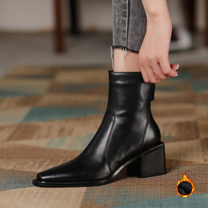 Women's Leather Chunky Heel Square Toe Ankle Boots