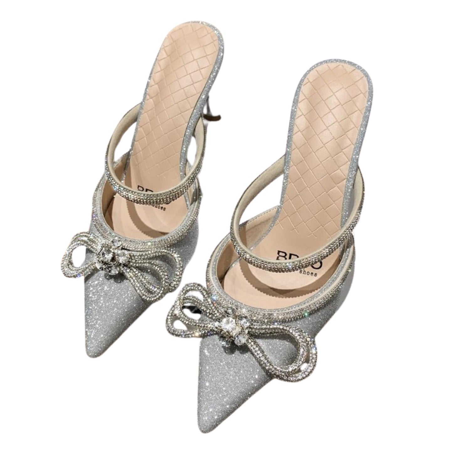 Women's summer stiletto pointed toe sandals & slippers in purple, silver, and pink. Stylish, lightweight, with rubber sole for comfort. Perfect for summer wear