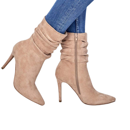 Pointed-toe stiletto heel ankle boots for women, medium-tube suede design, side zipper closure, available in black, apricot, and brown