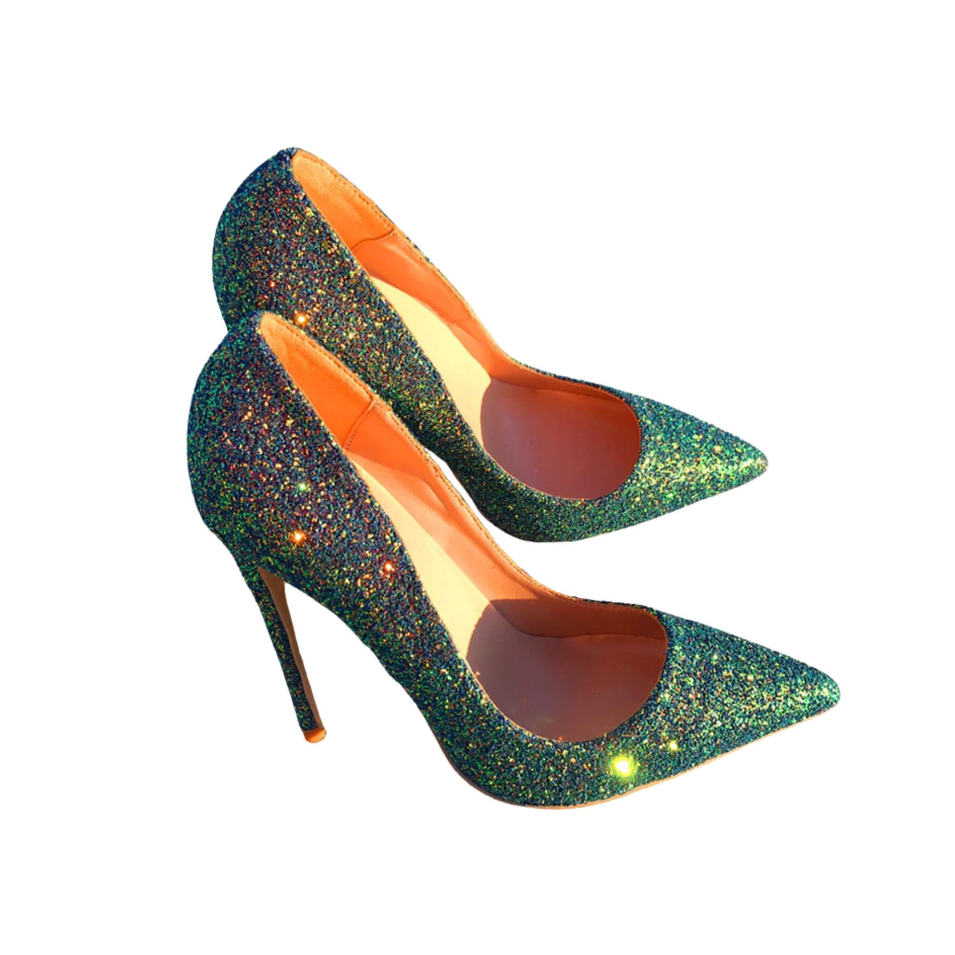 Women’s Green Sequined Stiletto Heels, Pointed Toe, High Heel (12cm), Rubber Sole, Perfect for Banquets & Casual Occasions. Sizes 34-44