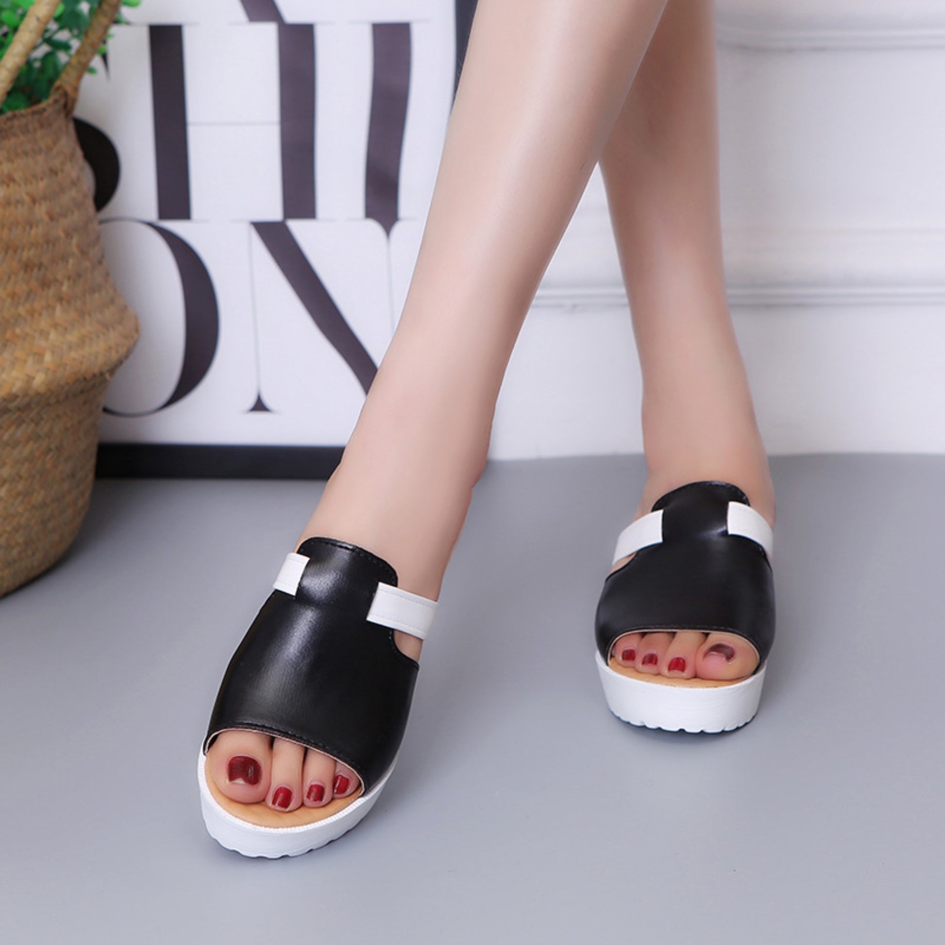 Open toe wedge heel slippers for women, PU upper, composite sole, 3-5cm heel. Lightweight, durable, and perfect for summer wear