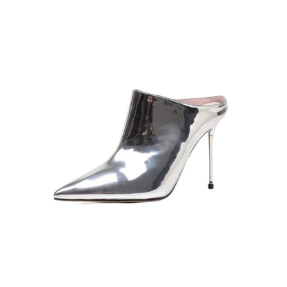 Sleek stiletto high heels with pointed toe, silver patent leather finish, iron heel, and modern design for elegant style