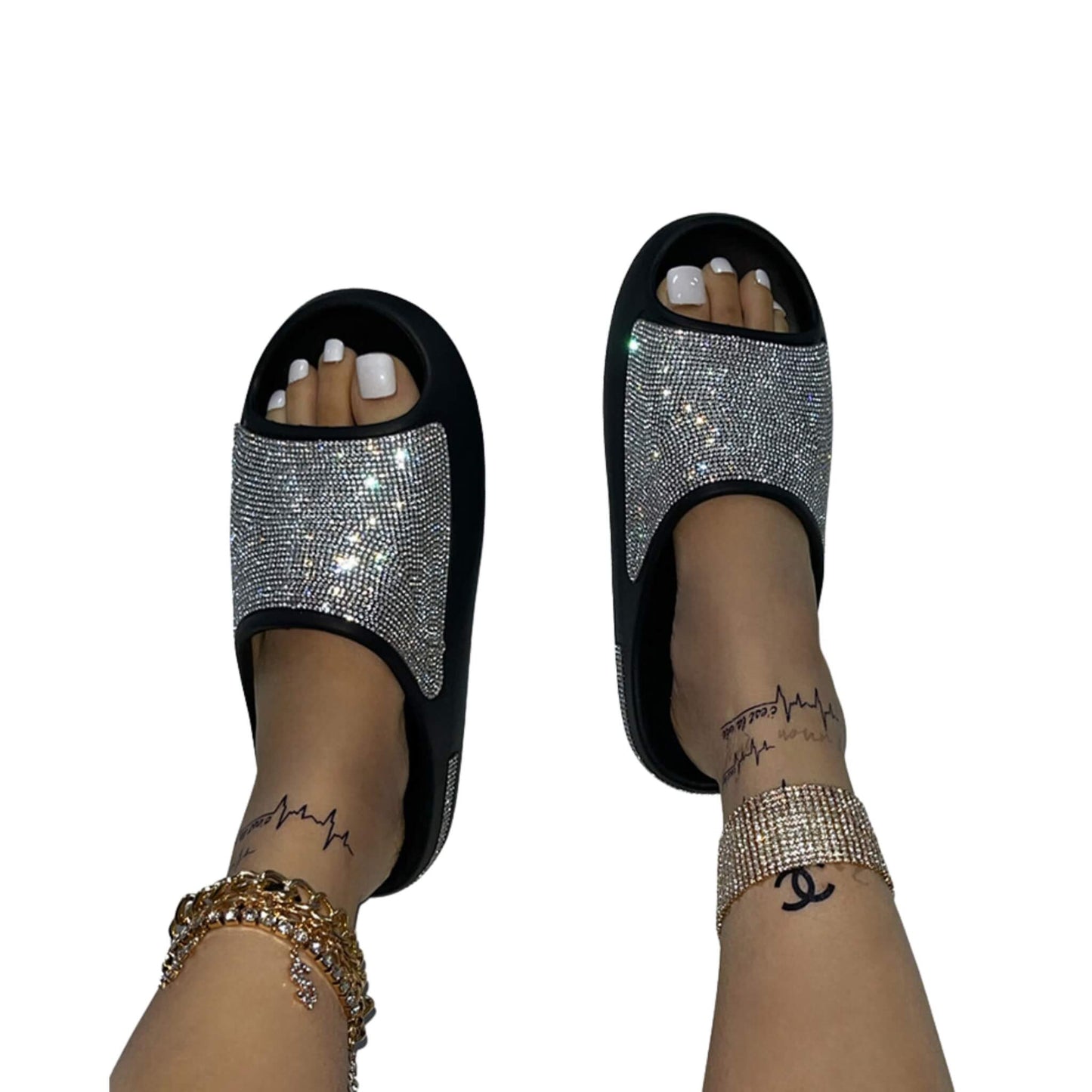 Rhinestone Peep Toe Thick Sole Fashion Slides