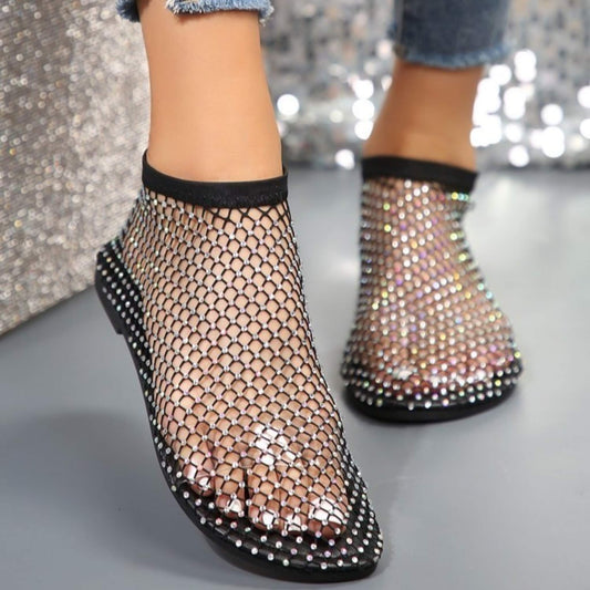 Rhinestone Hollow Flat Sandals with a round toe, mesh upper, rubber sole, and high-top heel. Stylish and comfortable footwear for summer