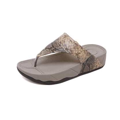 Summer platform wedge flip flops with sponge cake sole, non-slip, wear-resistant, and pigskin leather insole. Available in black, gray, apricot