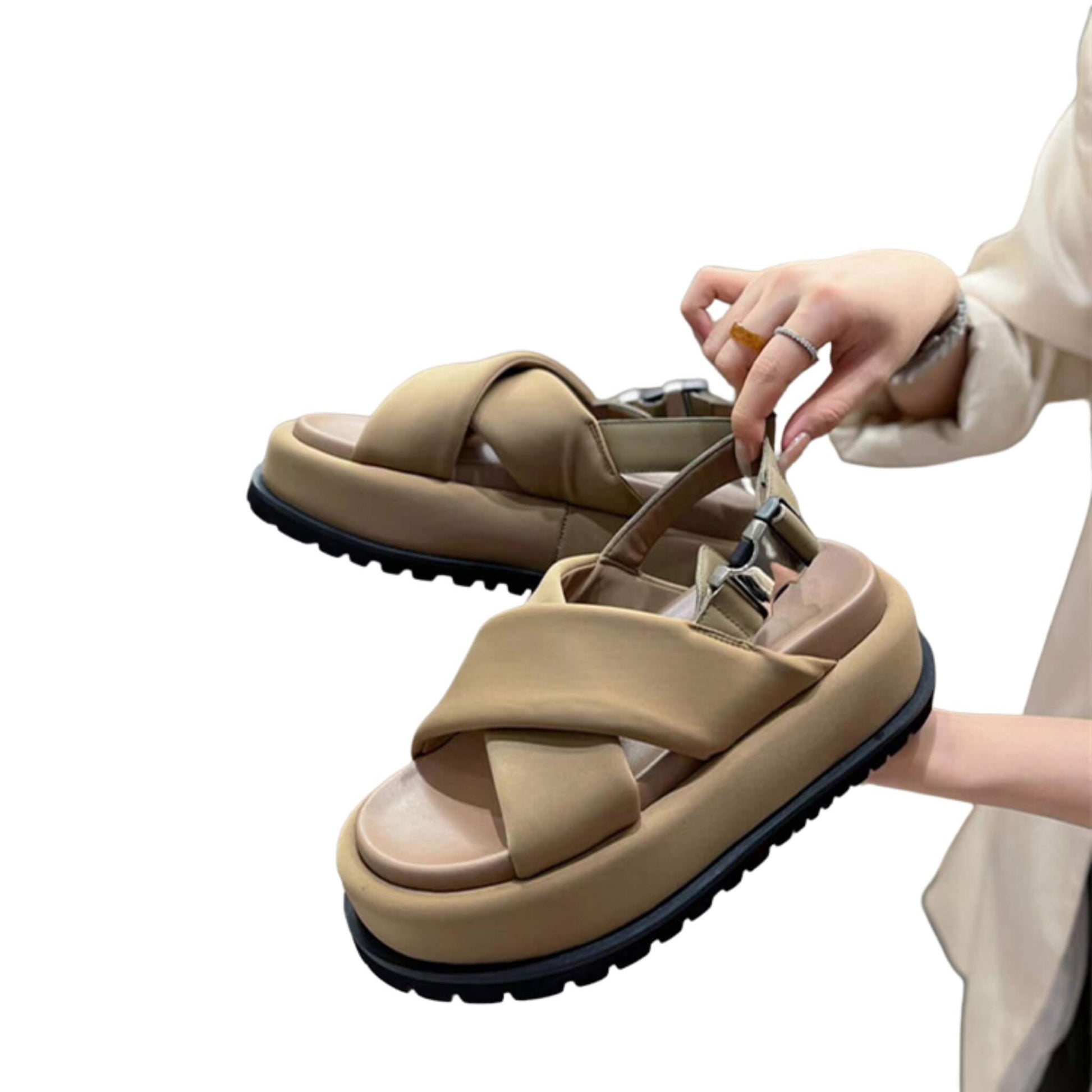 Retro Roman-style cross leather sandals for women. Mid-heel open-toe design, available in black and apricot. Sizes 35-40