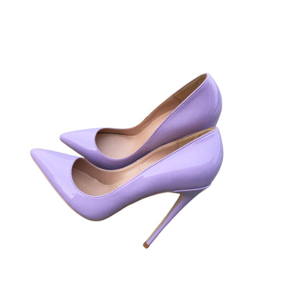 Light purple stiletto high heels with pointed toe, sleek PU finish, durable rubber sole, and sizes 34-43 for women’s fashion