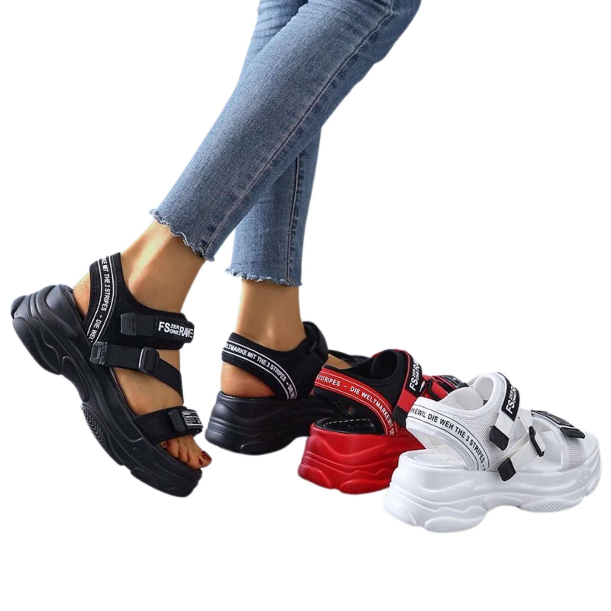 Women's Velcro sandals with round toe, flat sponge heel (6-8cm), rubber sole, lightweight, wear-resistant. Available in white, red, black