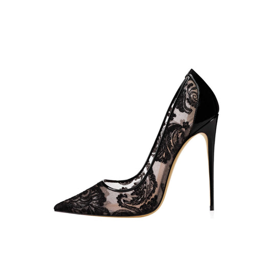 Lace hollow high heels for women with floral mesh design, pointed toe, super high heel, and shallow mouth. Ideal for parties and stylish outings