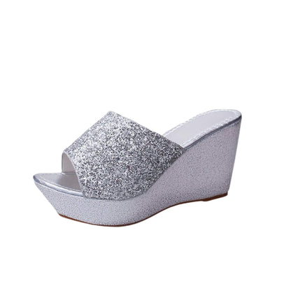 Summer Sequined Wedge Sandals with PU upper, non-slip rubber sole, lightweight design, and plain pattern. Perfect for everyday wear