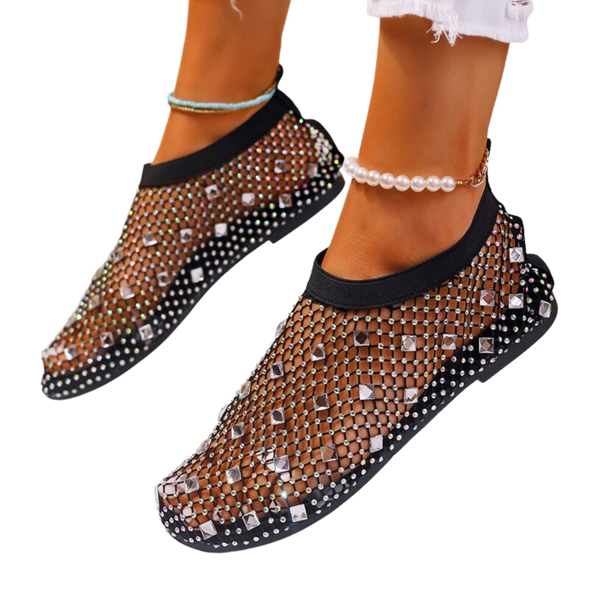 Rhinestone Mesh Sandals with breathable mesh upper, rubber sole, round toe, and stylish heel. Comfortable and breathable summer footwear